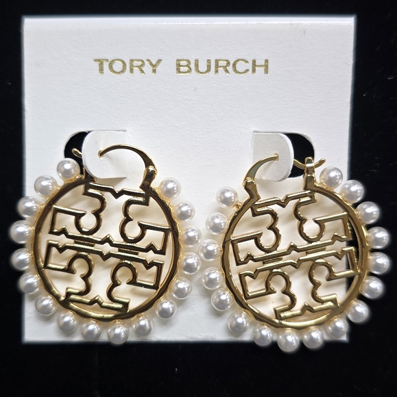 Tory Burch Jewelry - Tory Burch Gold Miller Wire Hoop Pearl Logo Earrings
